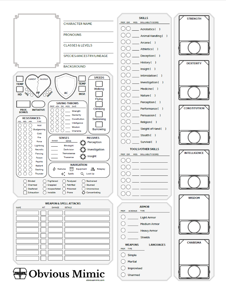 Free 5e Character Sheet (Printable + Fillable + Template) – Obvious ...