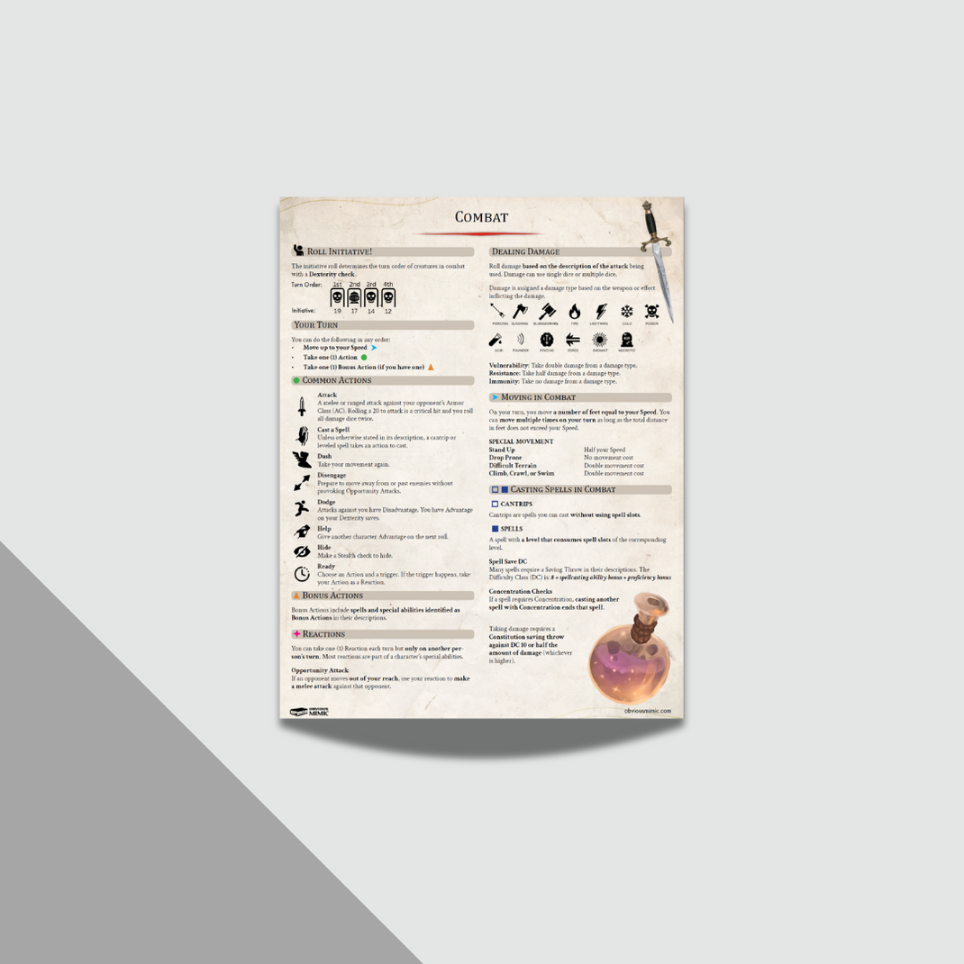 5e Players Cheat Sheet - DnD 5th Edition – Obvious Mimic Press
